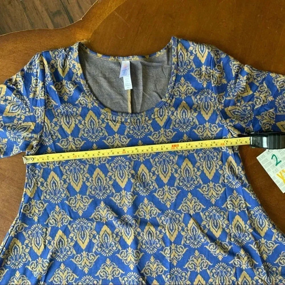 LuLaRoe NWT Perfect T Blue Gold Fleur-de-lis Knit Swing Top XXS - Picture 4 of 16